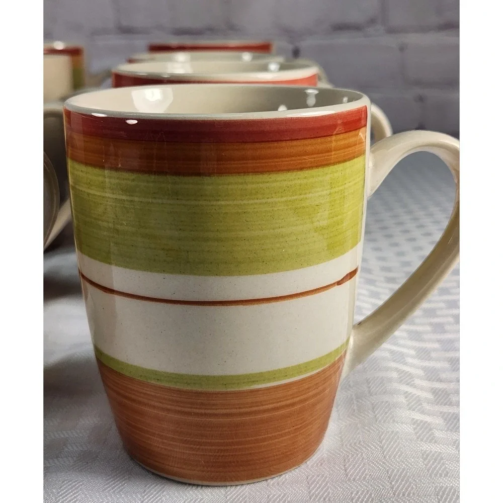 Pier 1 Valencia Coffee Cups Mugs, Handpainted, Orange, Red, Green Beige Set Of 8